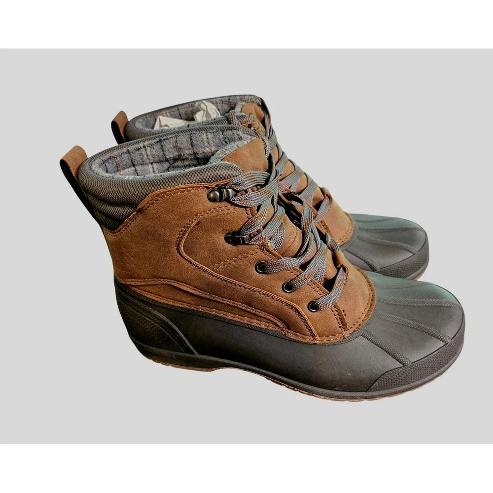 Magellan Duck Boots Mens 8 Brown Grey Lace Up Flannel Lined Waterproof Shell